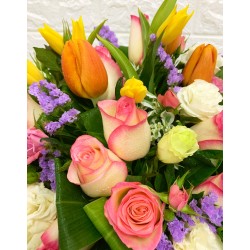 Pink Rose with Mix Color of Tulips in a Round Shape Gift Box Pink Rose with Mix Color of Tulips in a Round Shape Gift Box